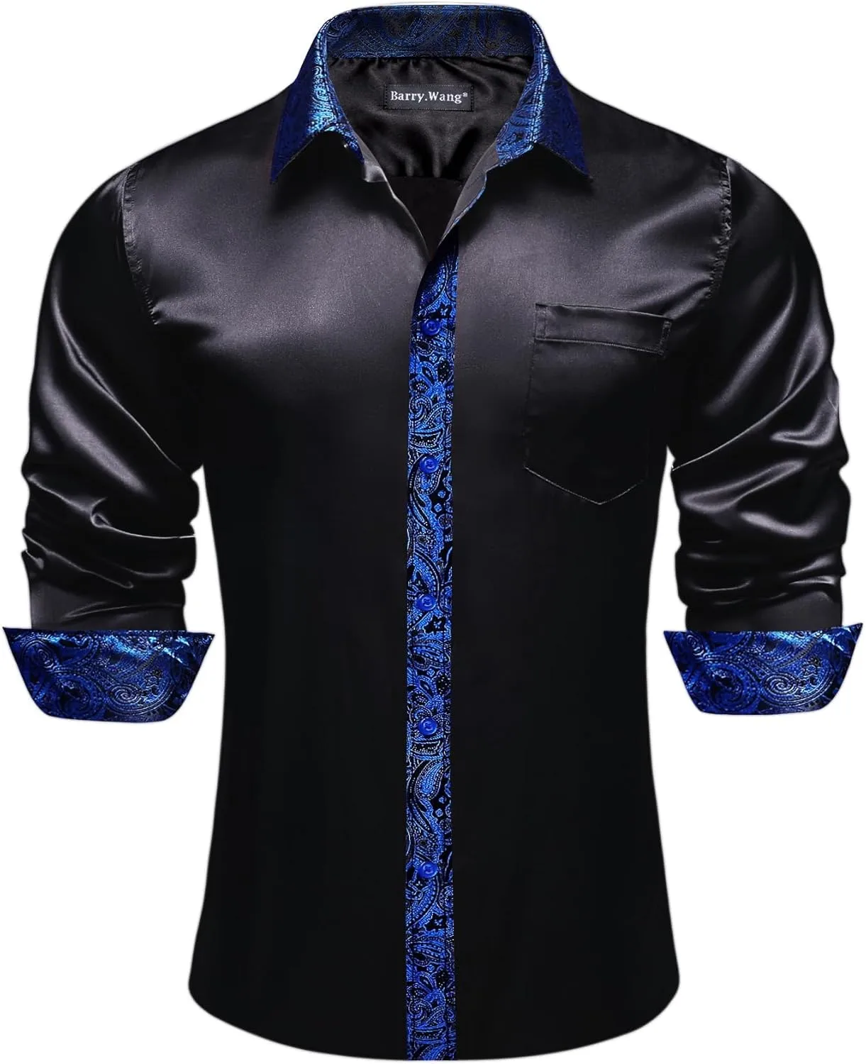 Barry.Wang Mens Satin Silk Shirts Long Sleeve Designer Dress Shirt Shiny Untucked Casual Button Down Shirt Party Disco Formal