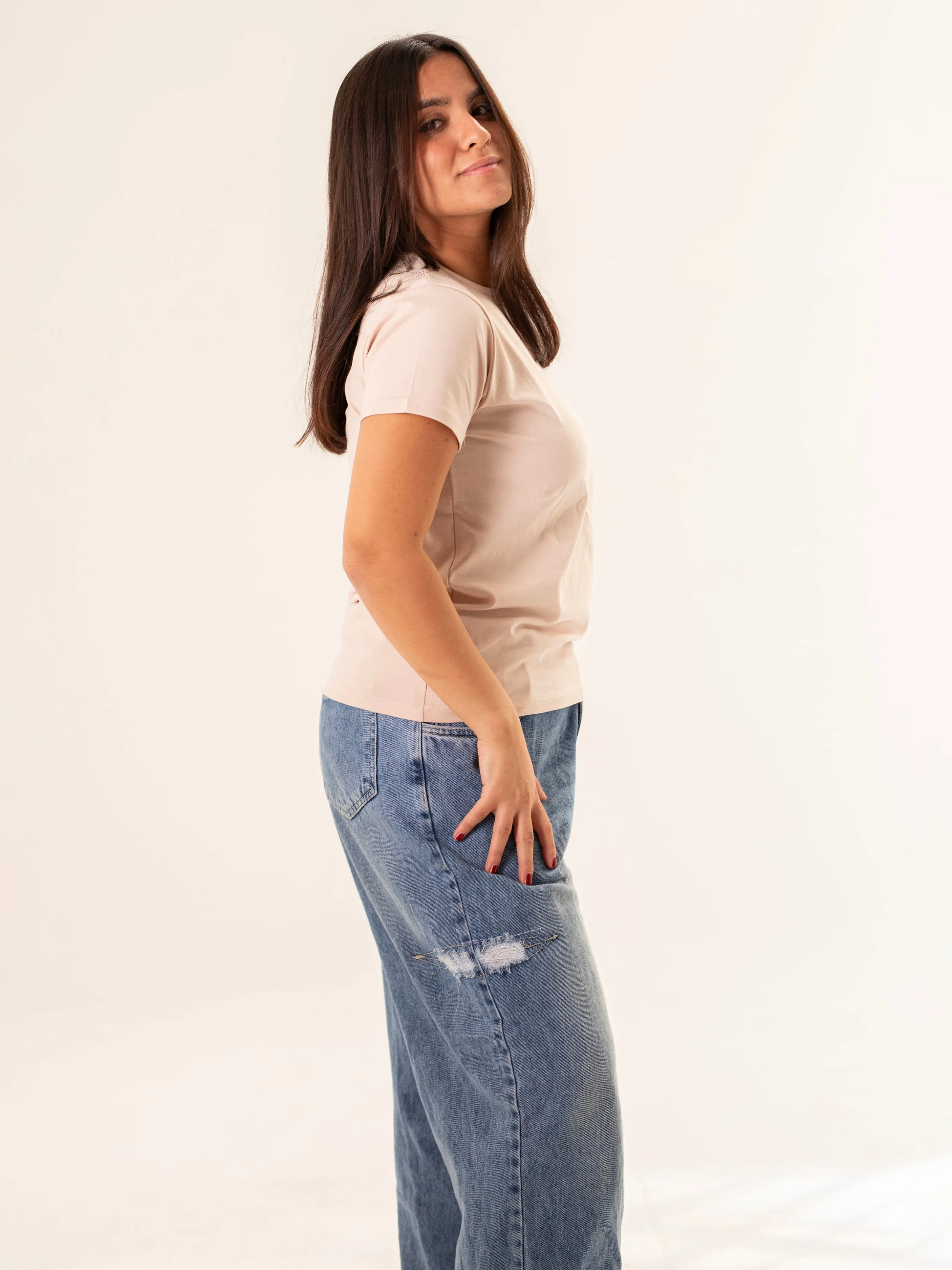 Beige basic T-shirt With Half Sleeves