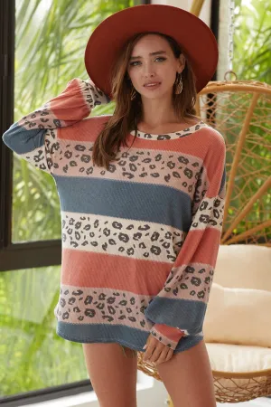 BT1501-67 | LEOPARD COLOR BLOCK PRINTED SOFT RIB  SWEATSHIRTS
