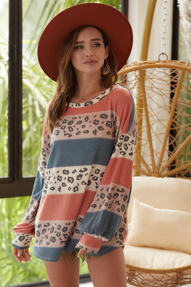 BT1501-67 | LEOPARD COLOR BLOCK PRINTED SOFT RIB  SWEATSHIRTS