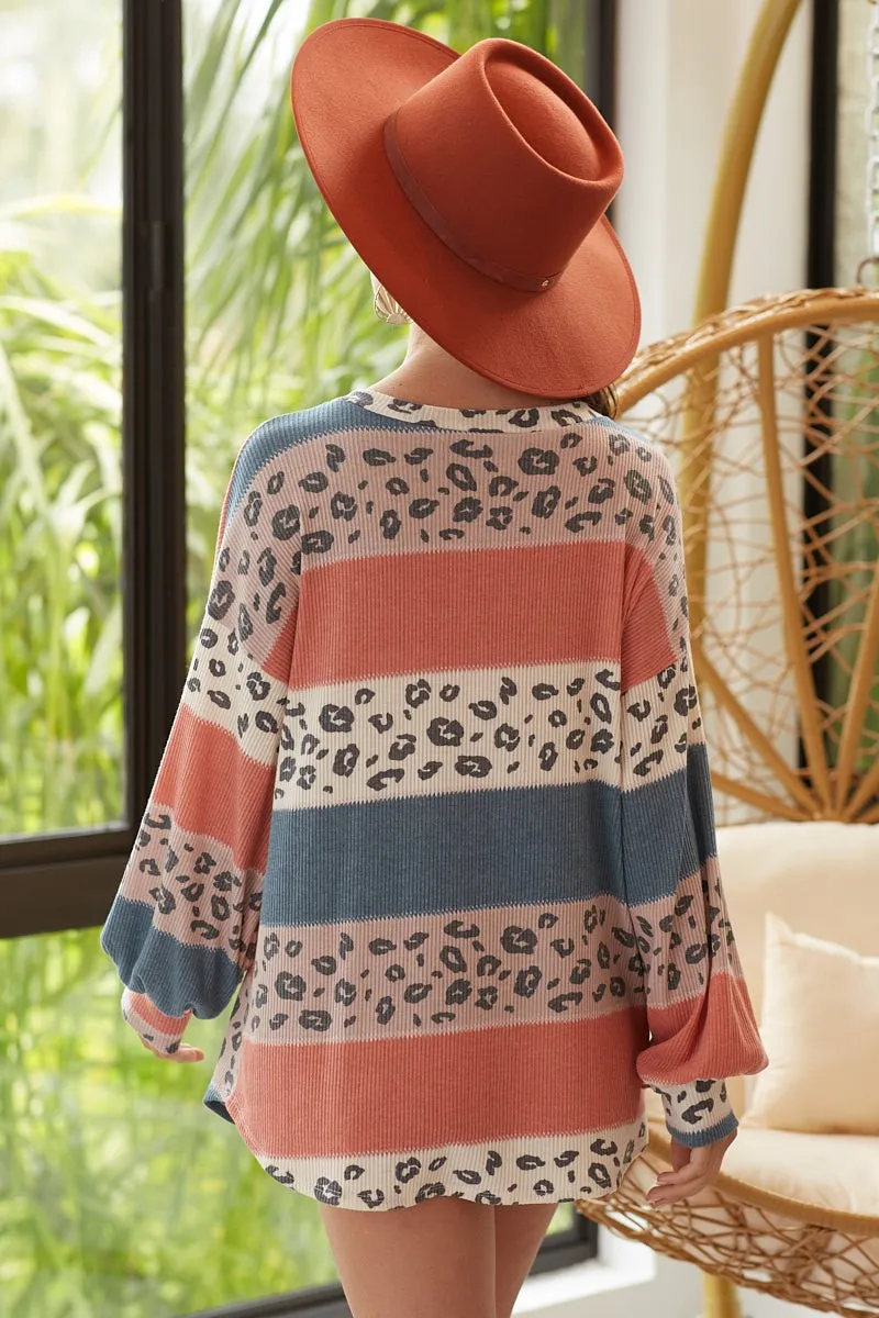 BT1501-67 | LEOPARD COLOR BLOCK PRINTED SOFT RIB  SWEATSHIRTS