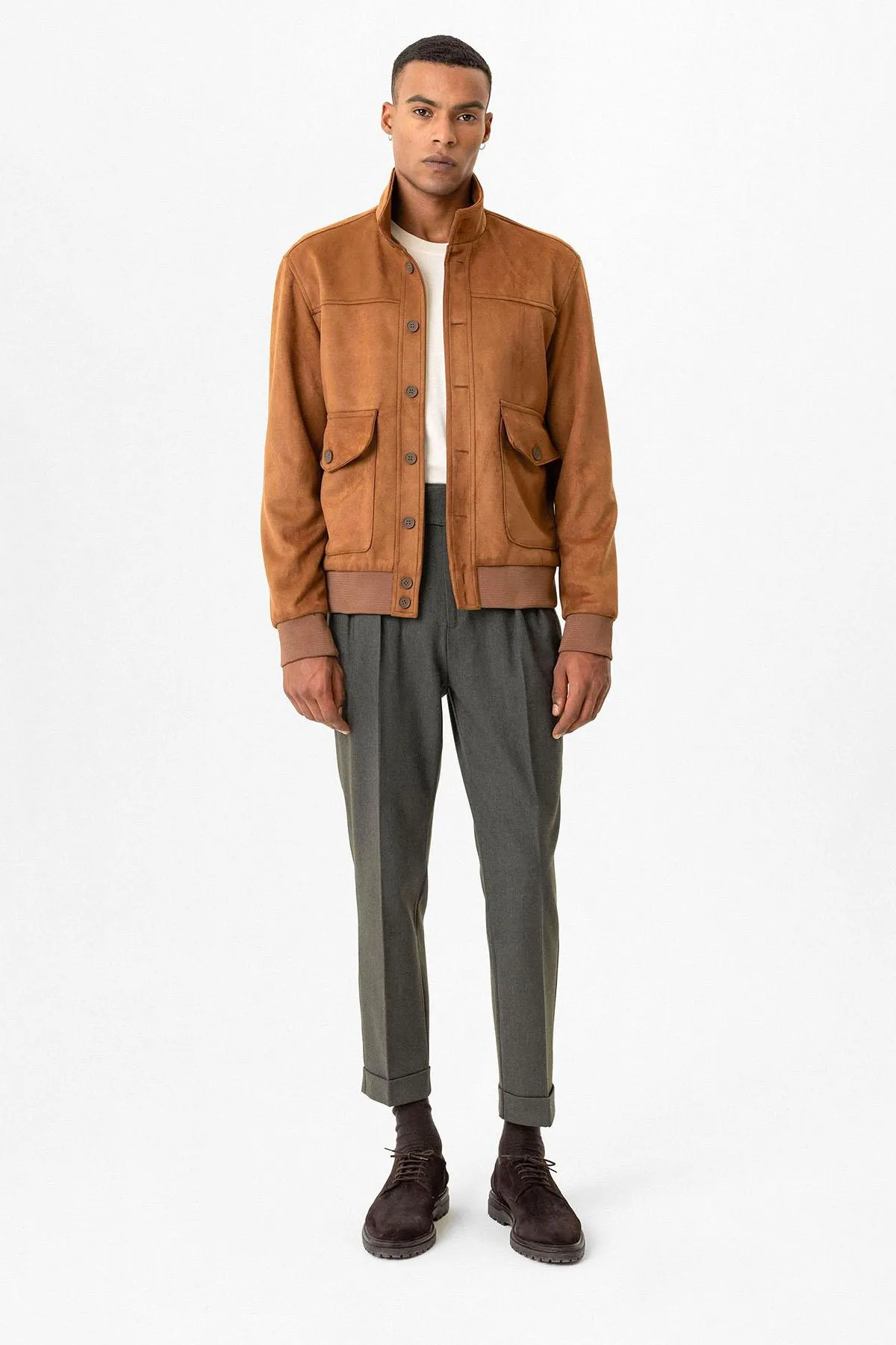 Camel Elastic Waist Stand Collar Suede Men's Jacket - Wessi