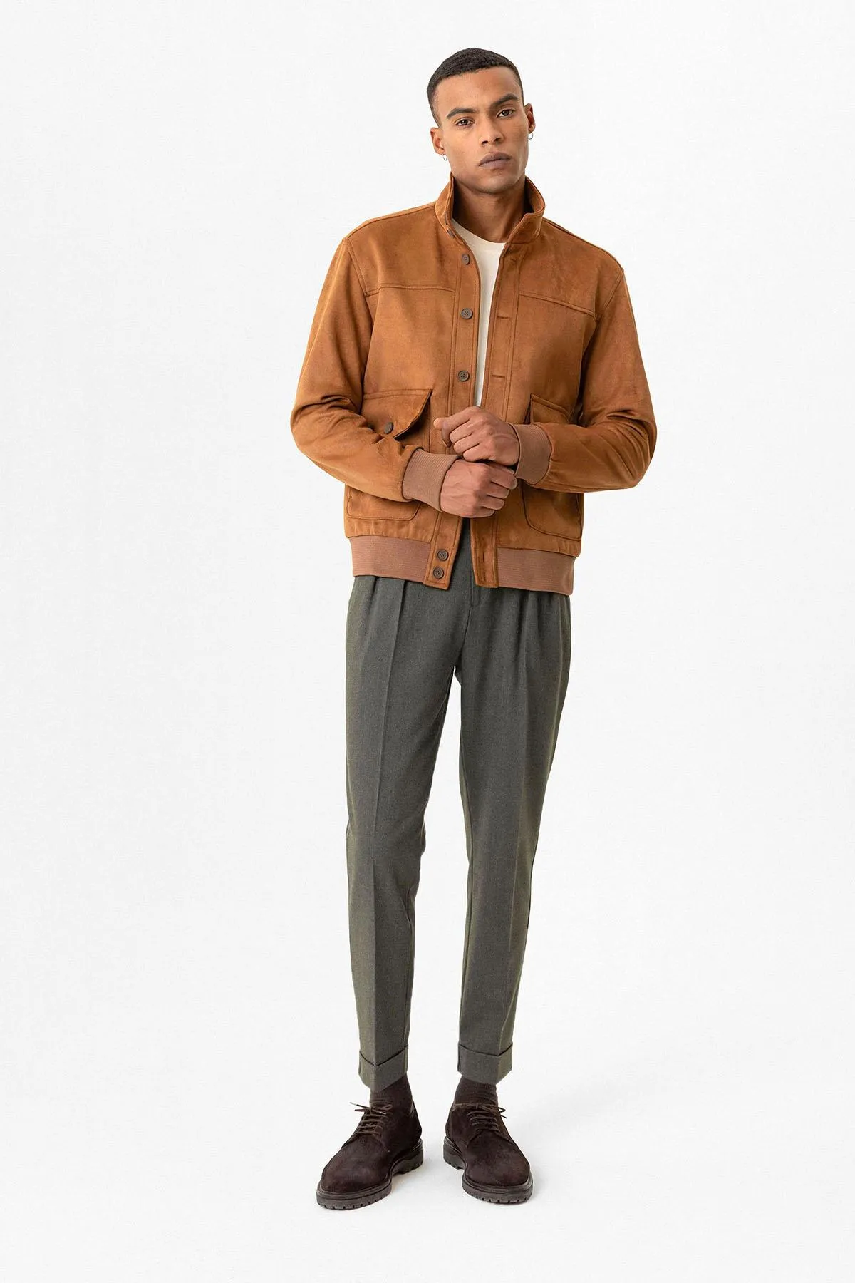 Camel Elastic Waist Stand Collar Suede Men's Jacket - Wessi