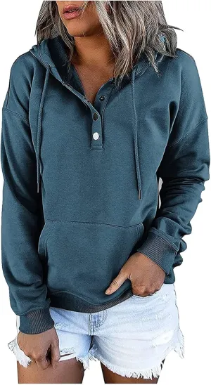 Ceboyel Women Cute Hoodies 2023 Button Collar Pullover Tops Drawstring Long Sleeve Sweatshirts Trendy Teen Girls Clothing