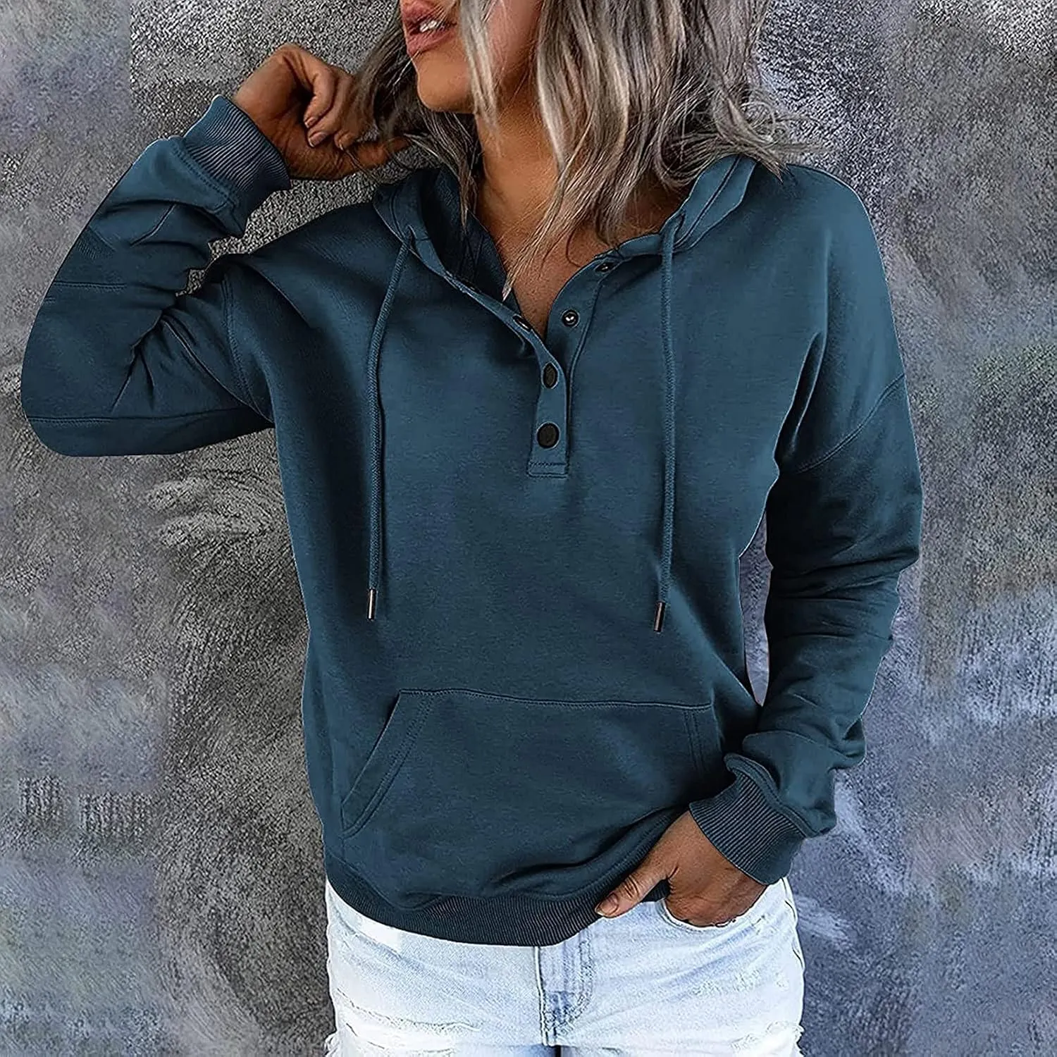 Ceboyel Women Cute Hoodies 2023 Button Collar Pullover Tops Drawstring Long Sleeve Sweatshirts Trendy Teen Girls Clothing