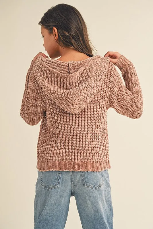 ^Chenille Hooded Pullover Youth - Taupe