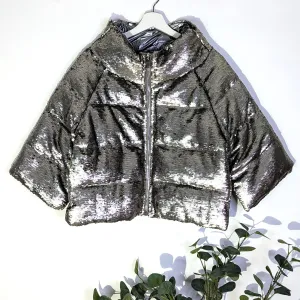 Chic metallic sequin padded jacket with 3/4 sleeves with pockets (M)