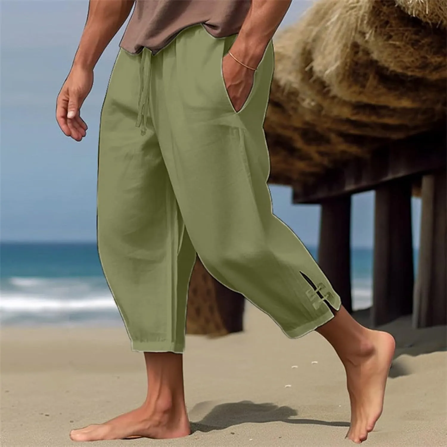 Cotton Linen Dress Pants for Men Elastic Drawstring Waist Lounge Beach Pants Summer Casual Straight Leg Dress Trouser