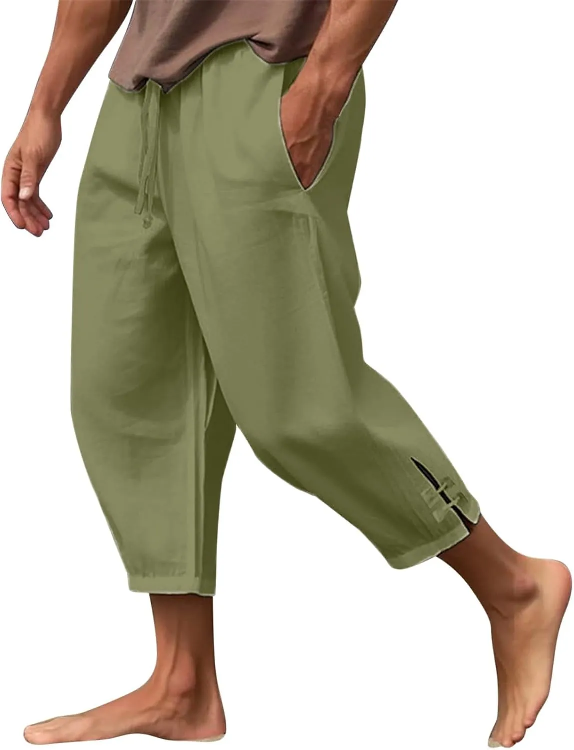 Cotton Linen Dress Pants for Men Elastic Drawstring Waist Lounge Beach Pants Summer Casual Straight Leg Dress Trouser