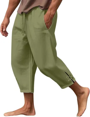 Cotton Linen Dress Pants for Men Elastic Drawstring Waist Lounge Beach Pants Summer Casual Straight Leg Dress Trouser