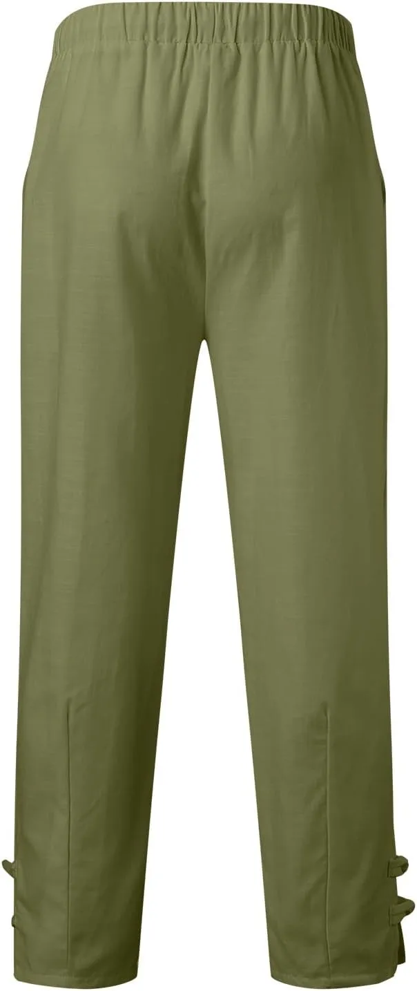 Cotton Linen Dress Pants for Men Elastic Drawstring Waist Lounge Beach Pants Summer Casual Straight Leg Dress Trouser