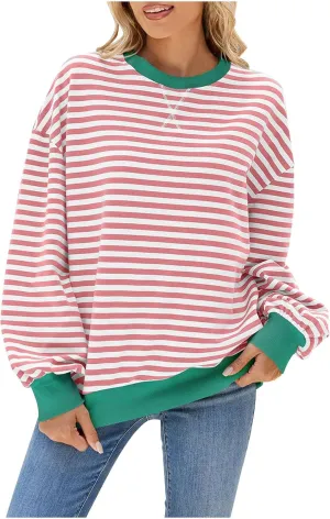 Crewneck Tops for Women Long Sleeve Striped Graphic Tees Oversized Fall Blouse Dressy Casual Going Out Tunic Shirts