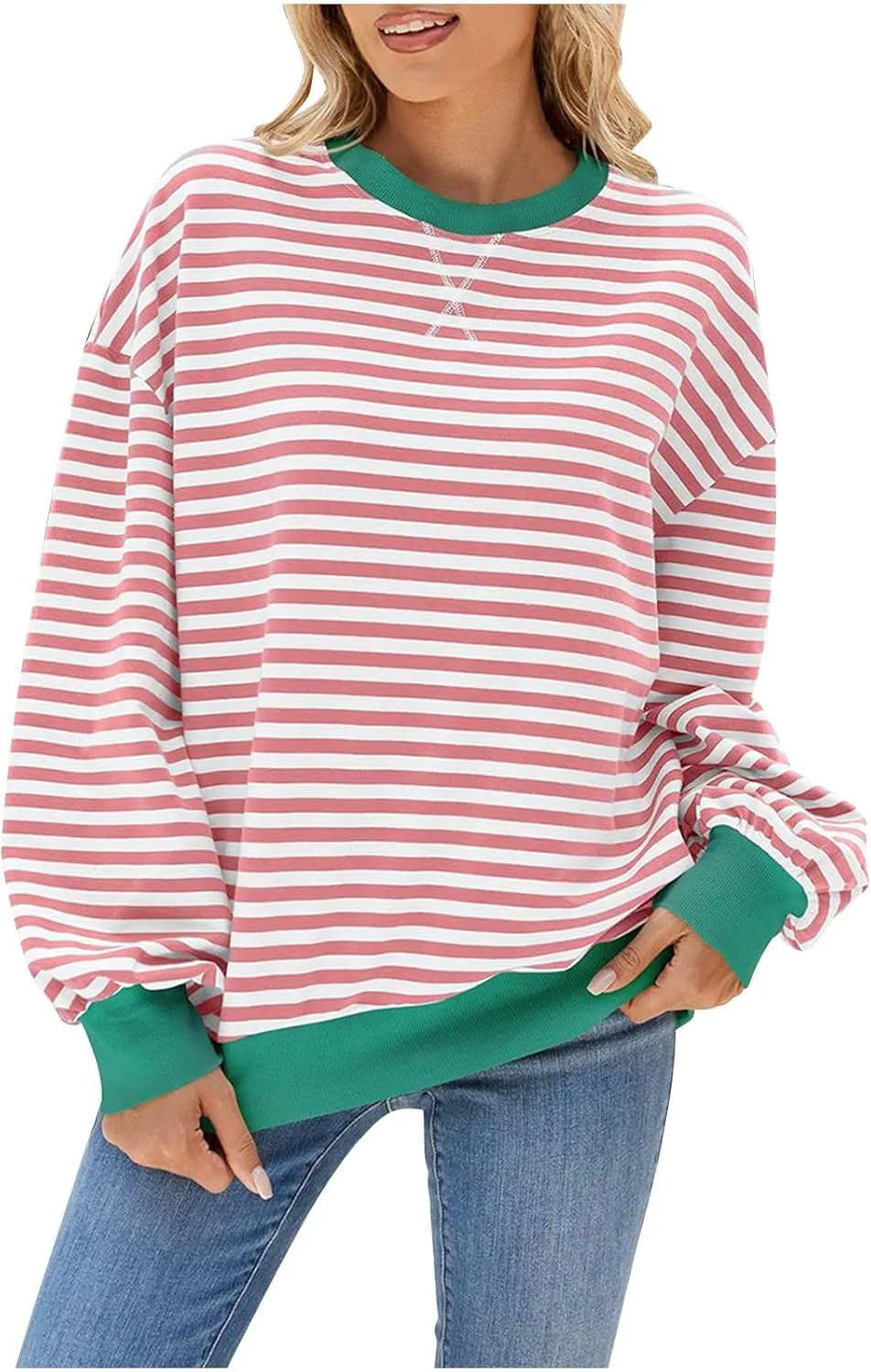 Crewneck Tops for Women Long Sleeve Striped Graphic Tees Oversized Fall Blouse Dressy Casual Going Out Tunic Shirts