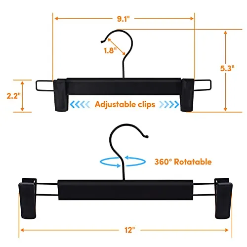 DEDU Pants Hangers with Clips Black 24 Pack, Skirt Hangers for Women Plastic Adjustable, Short Hangers for Closet Non Slip 360 ° Swivel Hooks