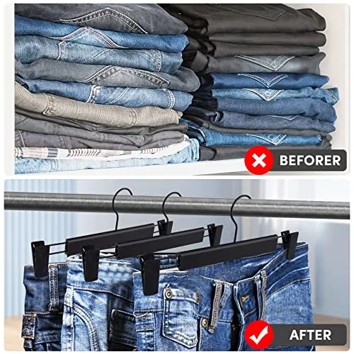 DEDU Pants Hangers with Clips Black 24 Pack, Skirt Hangers for Women Plastic Adjustable, Short Hangers for Closet Non Slip 360 ° Swivel Hooks