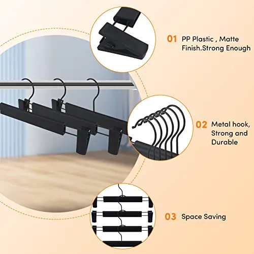 DEDU Pants Hangers with Clips Black 24 Pack, Skirt Hangers for Women Plastic Adjustable, Short Hangers for Closet Non Slip 360 ° Swivel Hooks