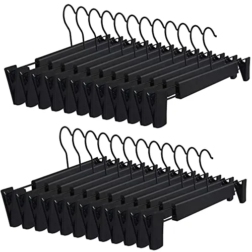 DEDU Pants Hangers with Clips Black 24 Pack, Skirt Hangers for Women Plastic Adjustable, Short Hangers for Closet Non Slip 360 ° Swivel Hooks