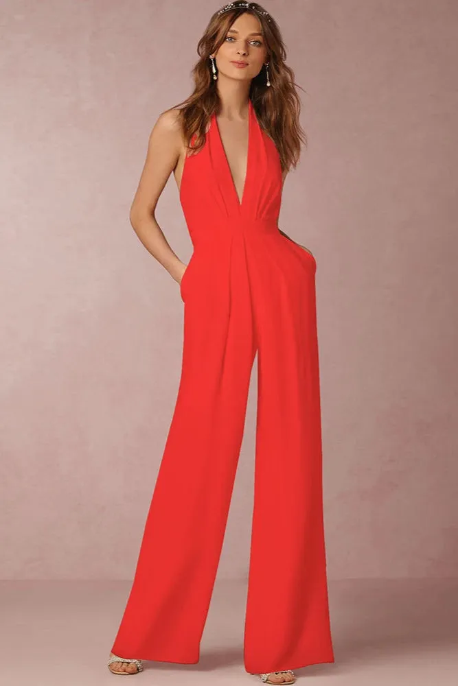 Elegant Evening Party Jumpsuit for Women – Solid Color, Sexy Halterneck, Wide-Leg Trousers with Pockets