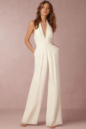 Elegant Evening Party Jumpsuit for Women – Solid Color, Sexy Halterneck, Wide-Leg Trousers with Pockets