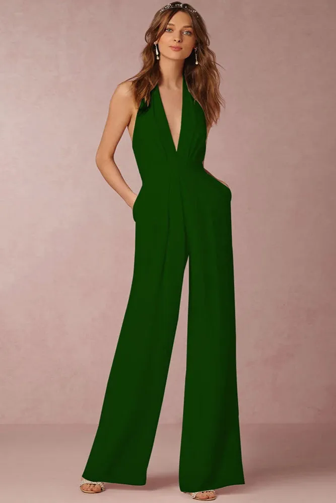 Elegant Evening Party Jumpsuit for Women – Solid Color, Sexy Halterneck, Wide-Leg Trousers with Pockets