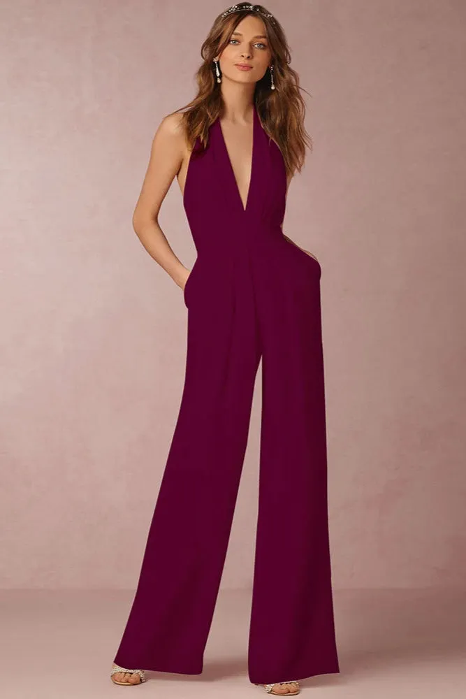 Elegant Evening Party Jumpsuit for Women – Solid Color, Sexy Halterneck, Wide-Leg Trousers with Pockets
