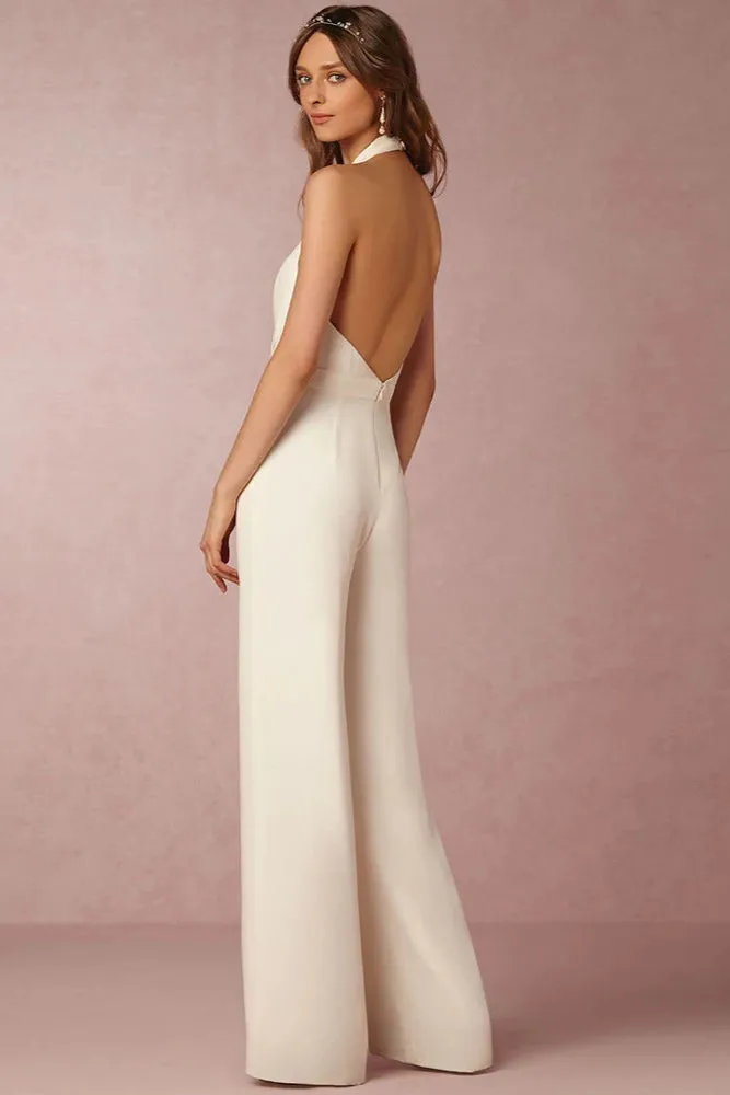 Elegant Evening Party Jumpsuit for Women – Solid Color, Sexy Halterneck, Wide-Leg Trousers with Pockets