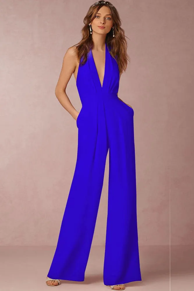 Elegant Evening Party Jumpsuit for Women – Solid Color, Sexy Halterneck, Wide-Leg Trousers with Pockets