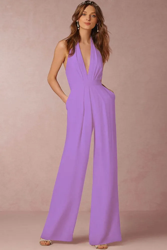 Elegant Evening Party Jumpsuit for Women – Solid Color, Sexy Halterneck, Wide-Leg Trousers with Pockets