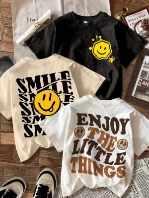EZwear 3pcs/Set Casual Simple Smile Face Print Fitted Short Sleeve Women's T-Shirts, Summer