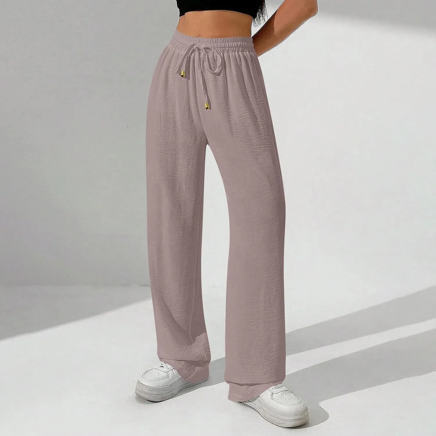 Flowy Linen Pants for Women Summer Wide Legs Pants Drawstring High Waisted Trouser Dressy Palazzo Pant with Pockets