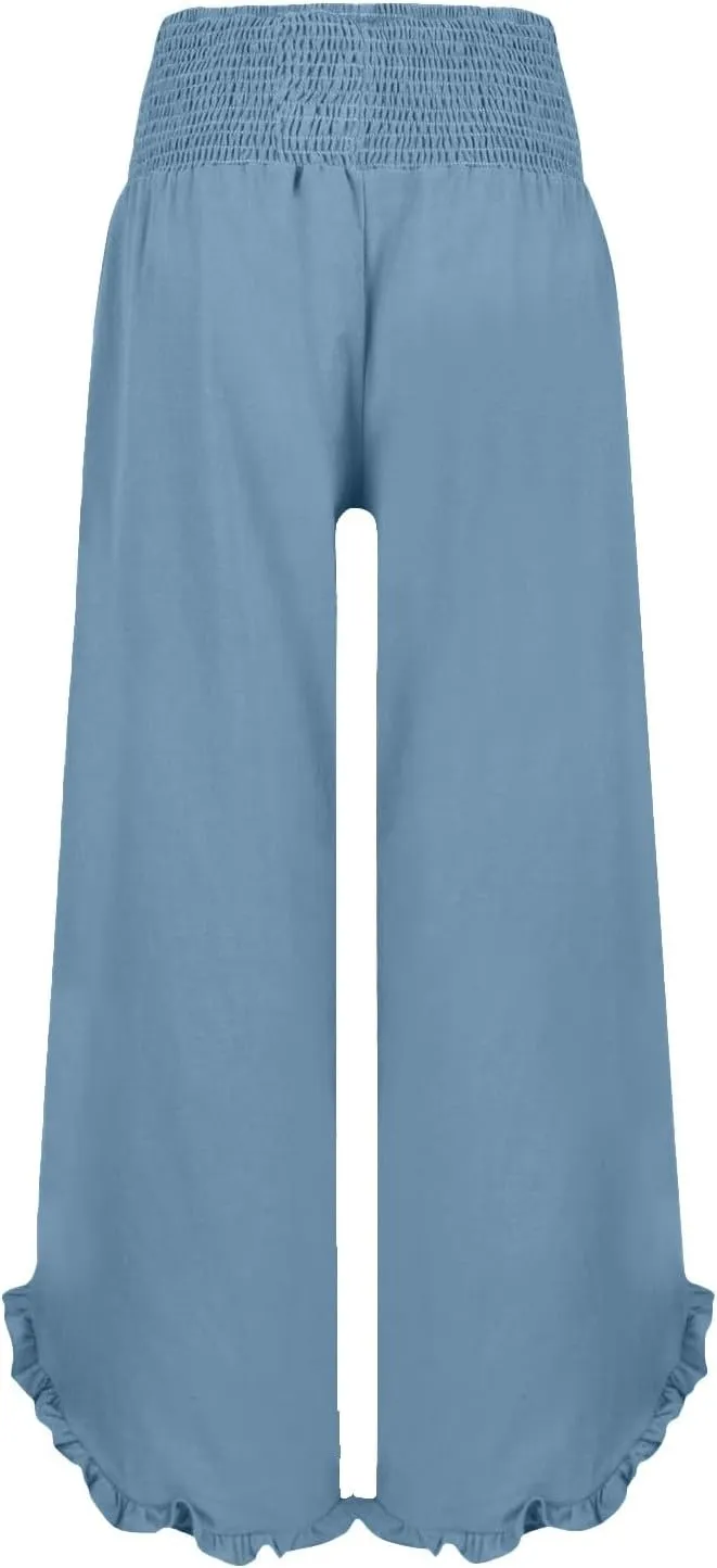 GIERIDUC Women Linen Pants Summer Wide Leg Pants Smocked Waist Ruffle Hem Palazzo Pants with Pocket Boho Flowy Beach Pants