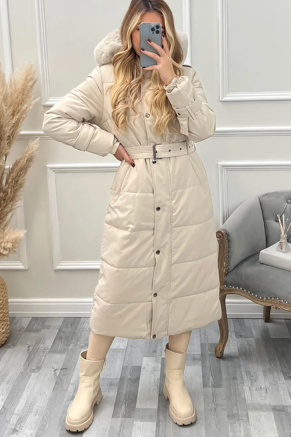 Hailey Beige Faux Fur Hooded Longline Belted Padded Coat