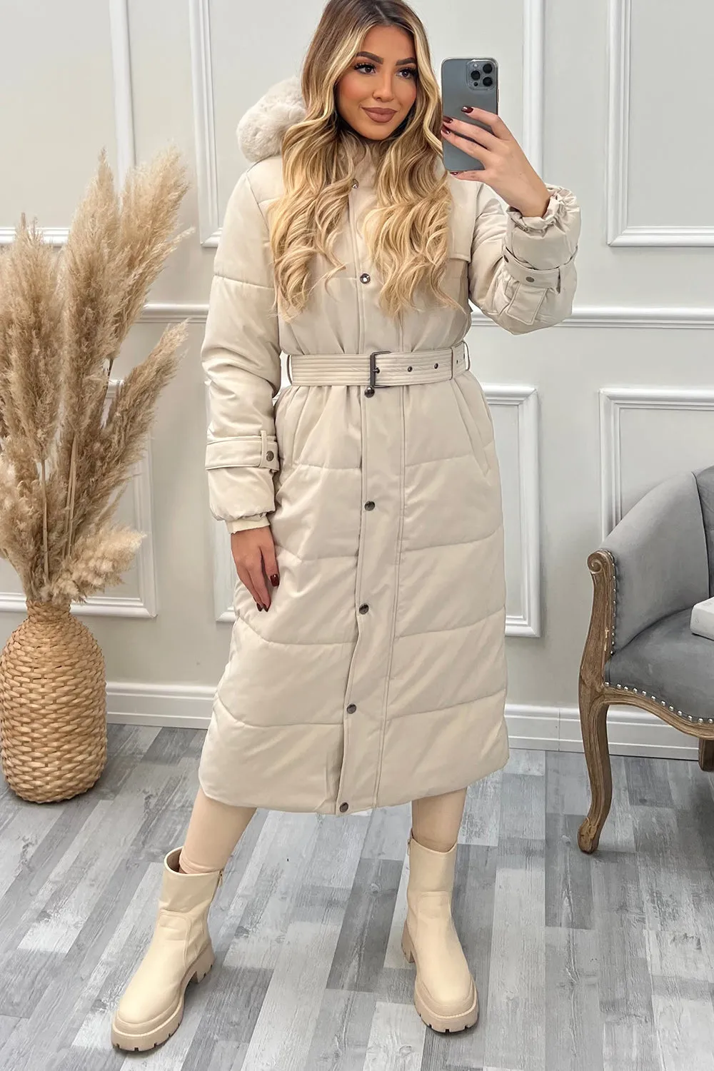 Hailey Beige Faux Fur Hooded Longline Belted Padded Coat