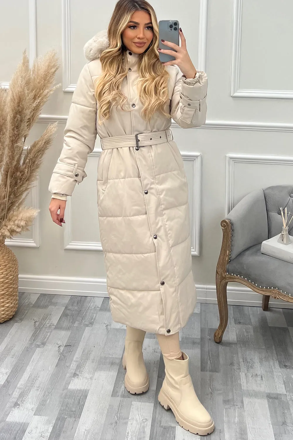 Hailey Beige Faux Fur Hooded Longline Belted Padded Coat