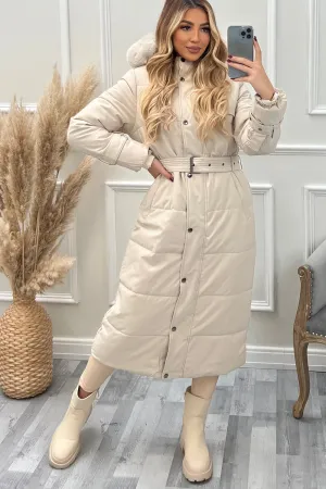 Hailey Beige Faux Fur Hooded Longline Belted Padded Coat