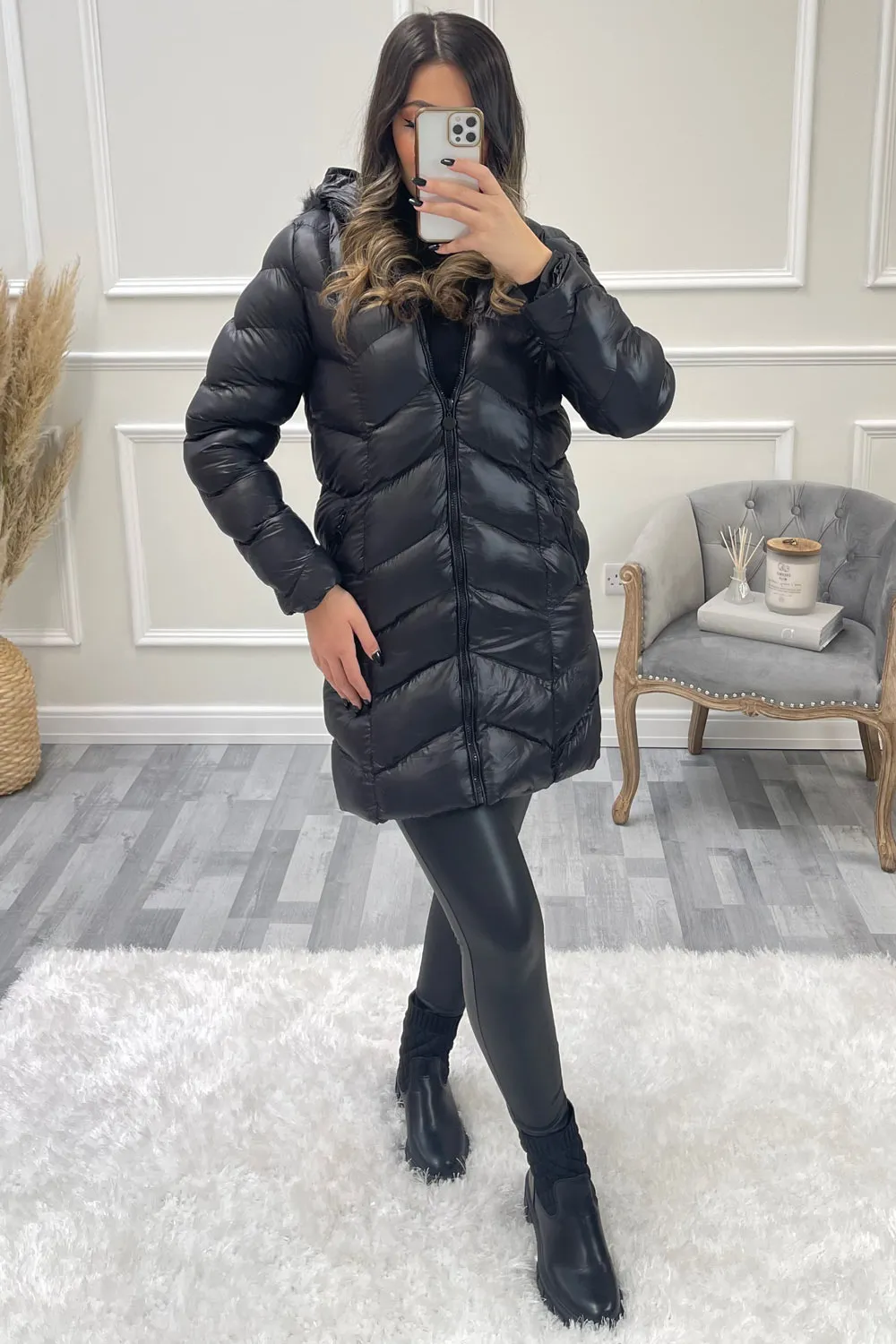 Hally Black Wet Look Chevron Padded Faux Fur Hooded Longline Coat