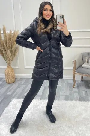 Hally Black Wet Look Chevron Padded Faux Fur Hooded Longline Coat