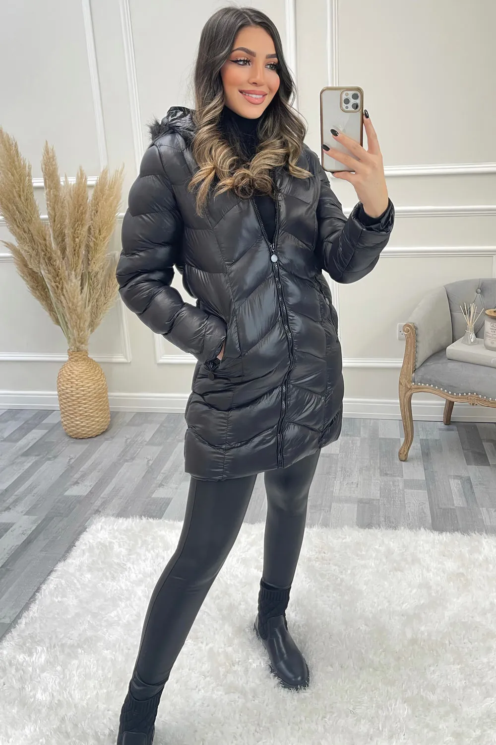 Hally Black Wet Look Chevron Padded Faux Fur Hooded Longline Coat