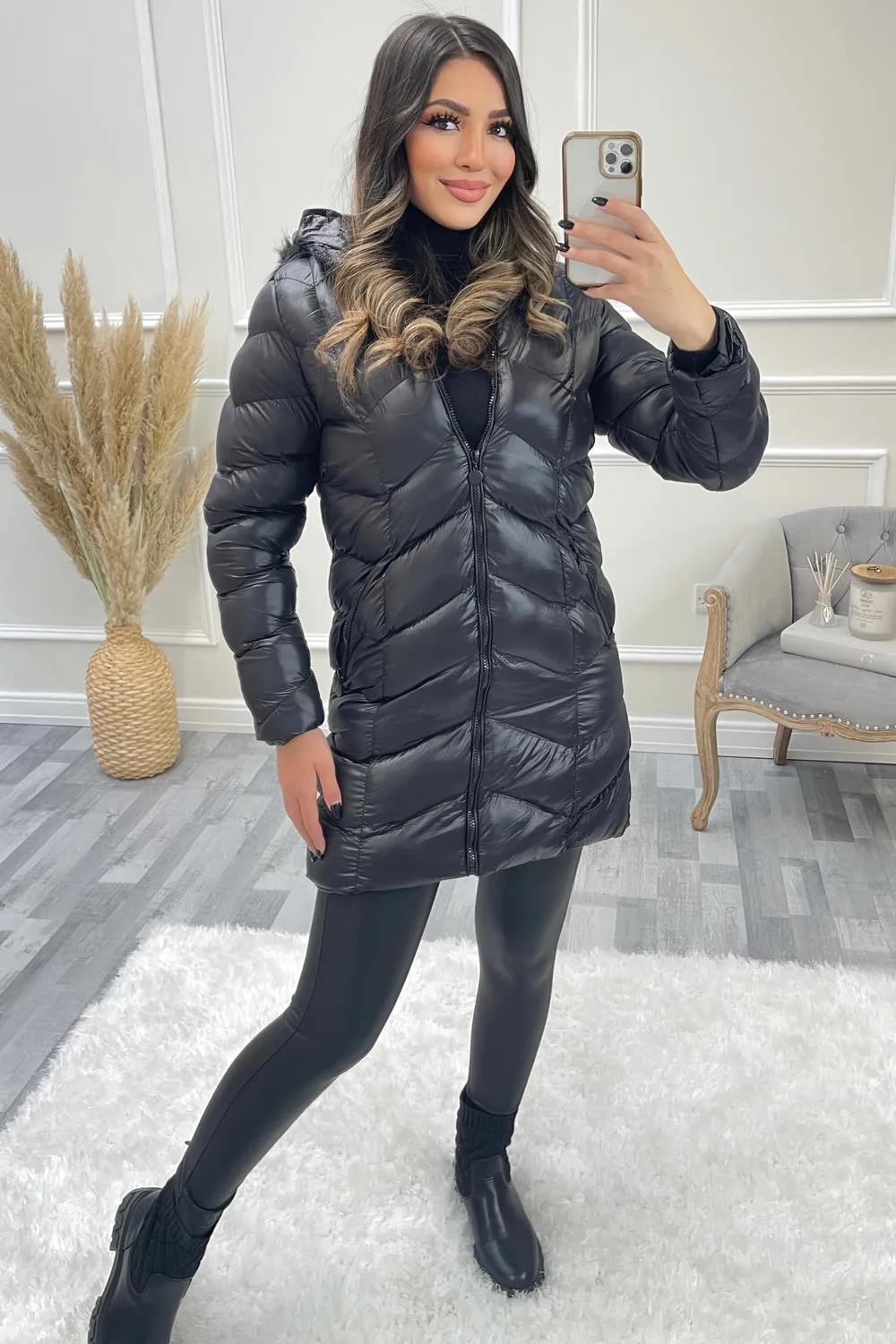Hally Black Wet Look Chevron Padded Faux Fur Hooded Longline Coat