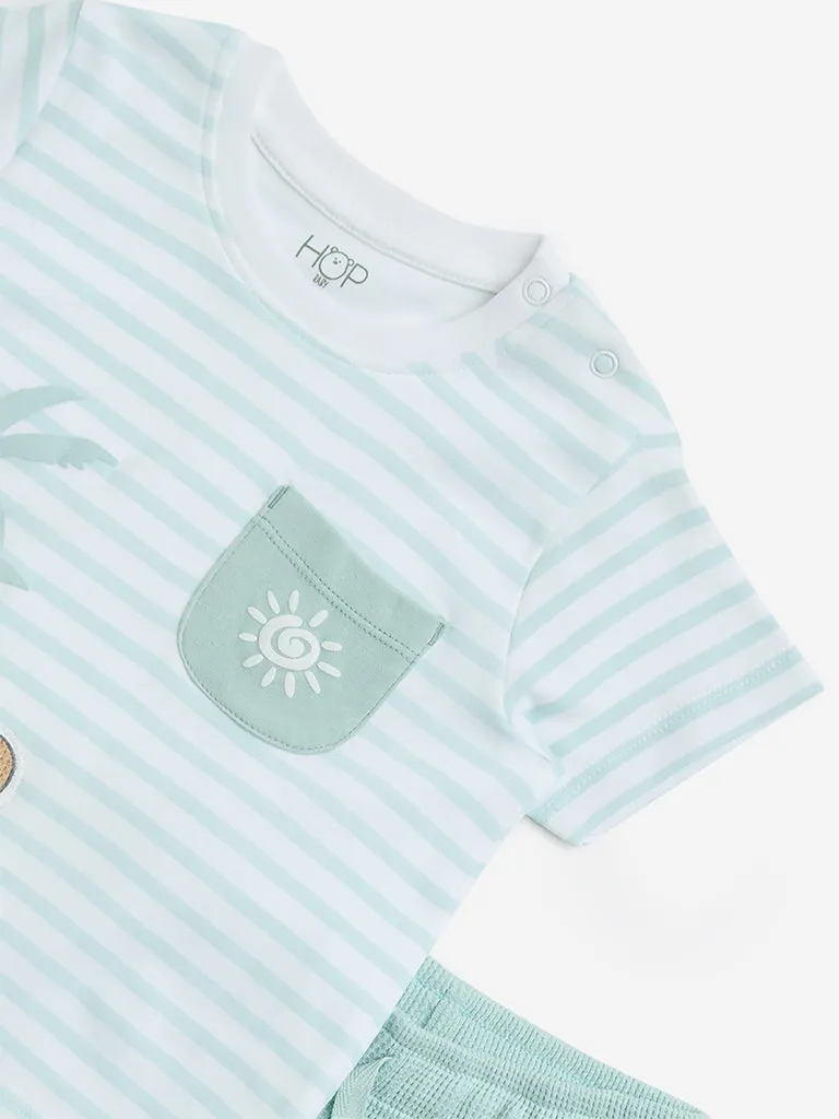HOP Baby Sage Striped Cotton T-Shirt & Shorts Set
