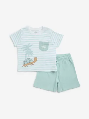 HOP Baby Sage Striped Cotton T-Shirt & Shorts Set