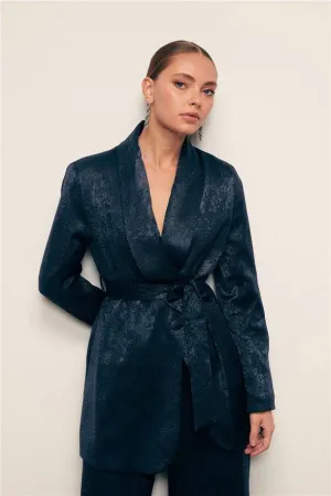 Jacquard Belted Long Jacket - Navy Blue