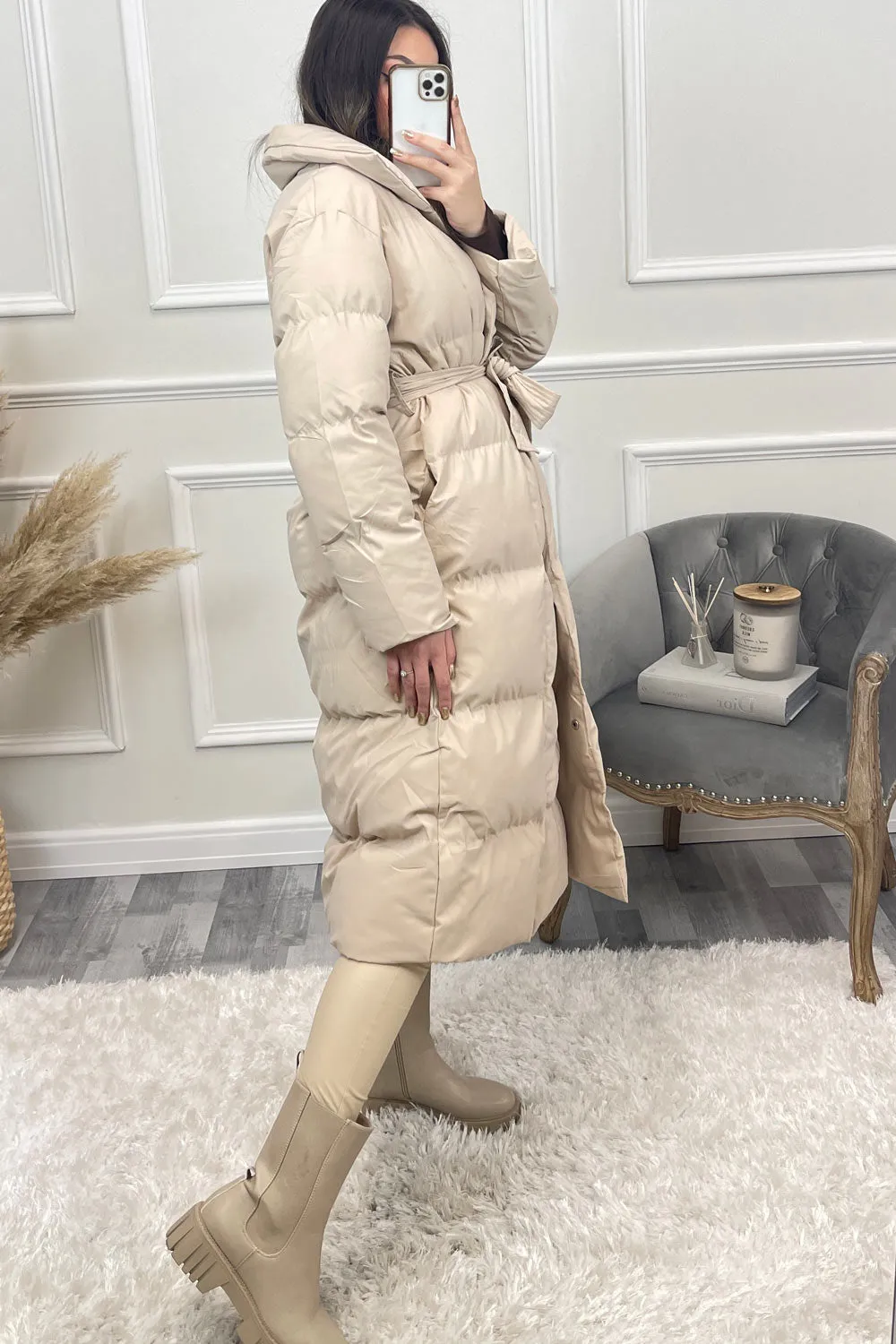 Jazz Beige Padded High Neck Belted Longline Coat