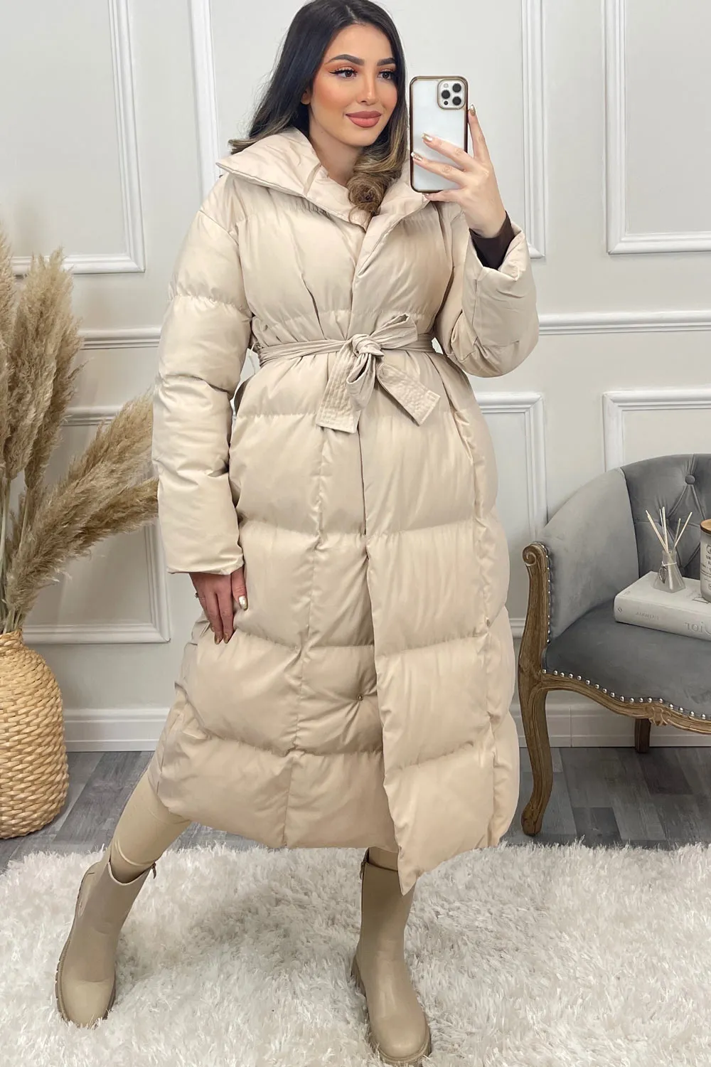 Jazz Beige Padded High Neck Belted Longline Coat