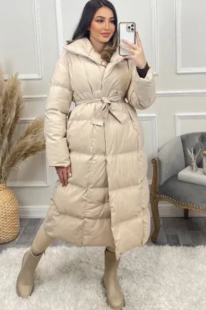 Jazz Beige Padded High Neck Belted Longline Coat