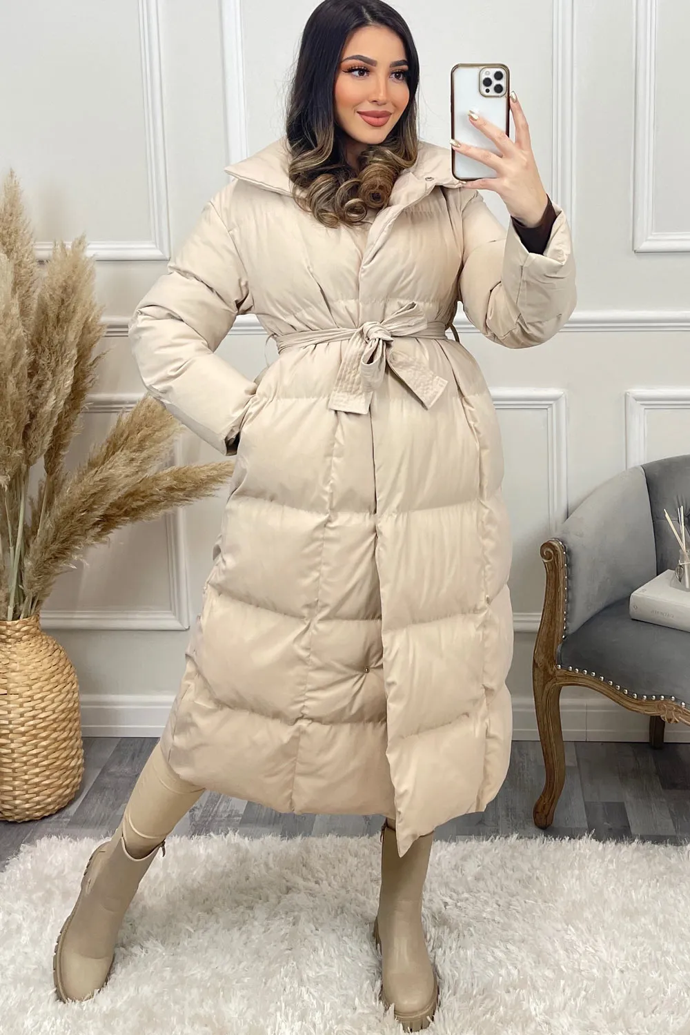 Jazz Beige Padded High Neck Belted Longline Coat