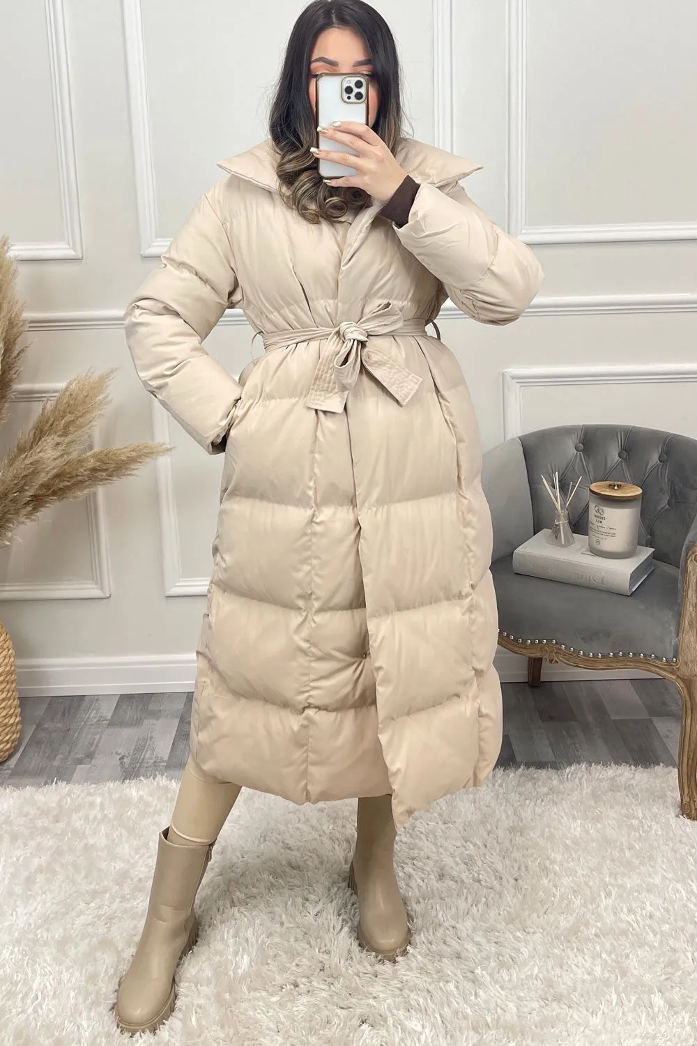 Jazz Beige Padded High Neck Belted Longline Coat