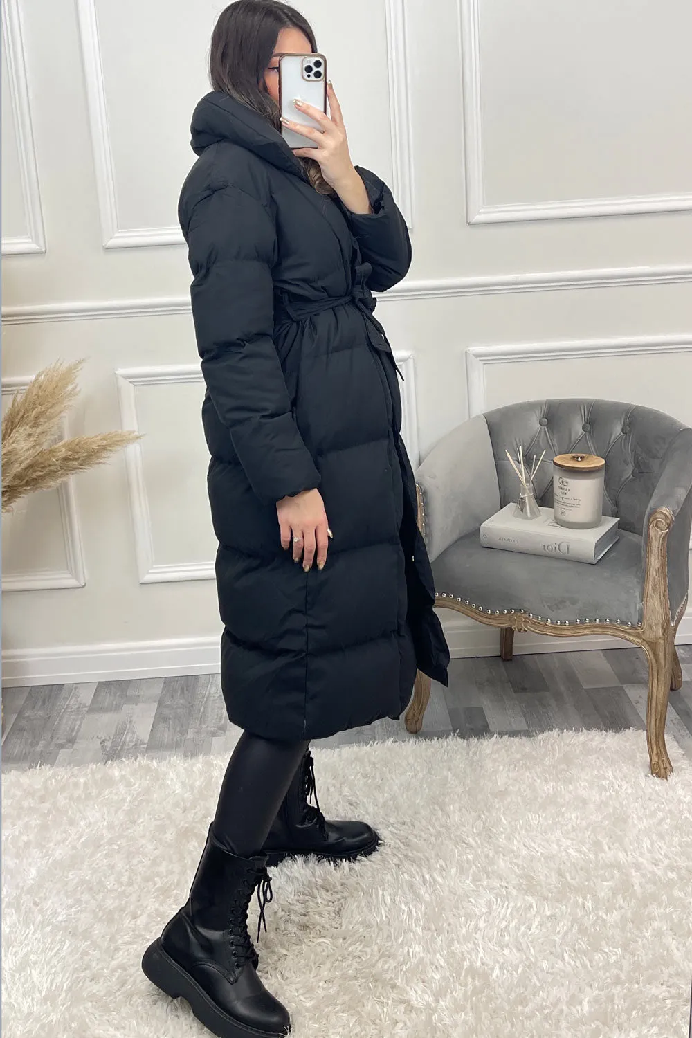 Jazz Black Padded High Neck Belted Longline Coat