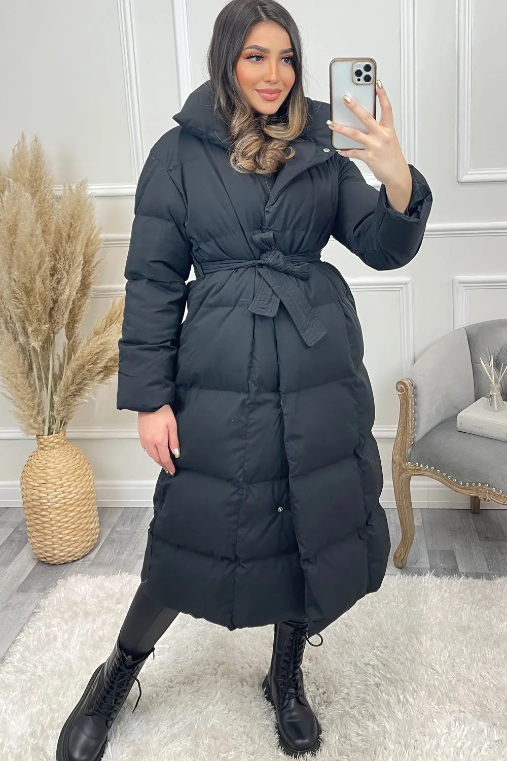 Jazz Black Padded High Neck Belted Longline Coat