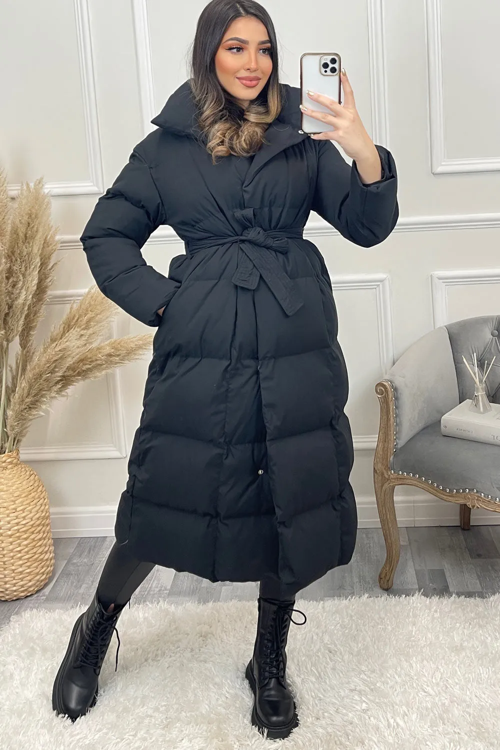 Jazz Black Padded High Neck Belted Longline Coat